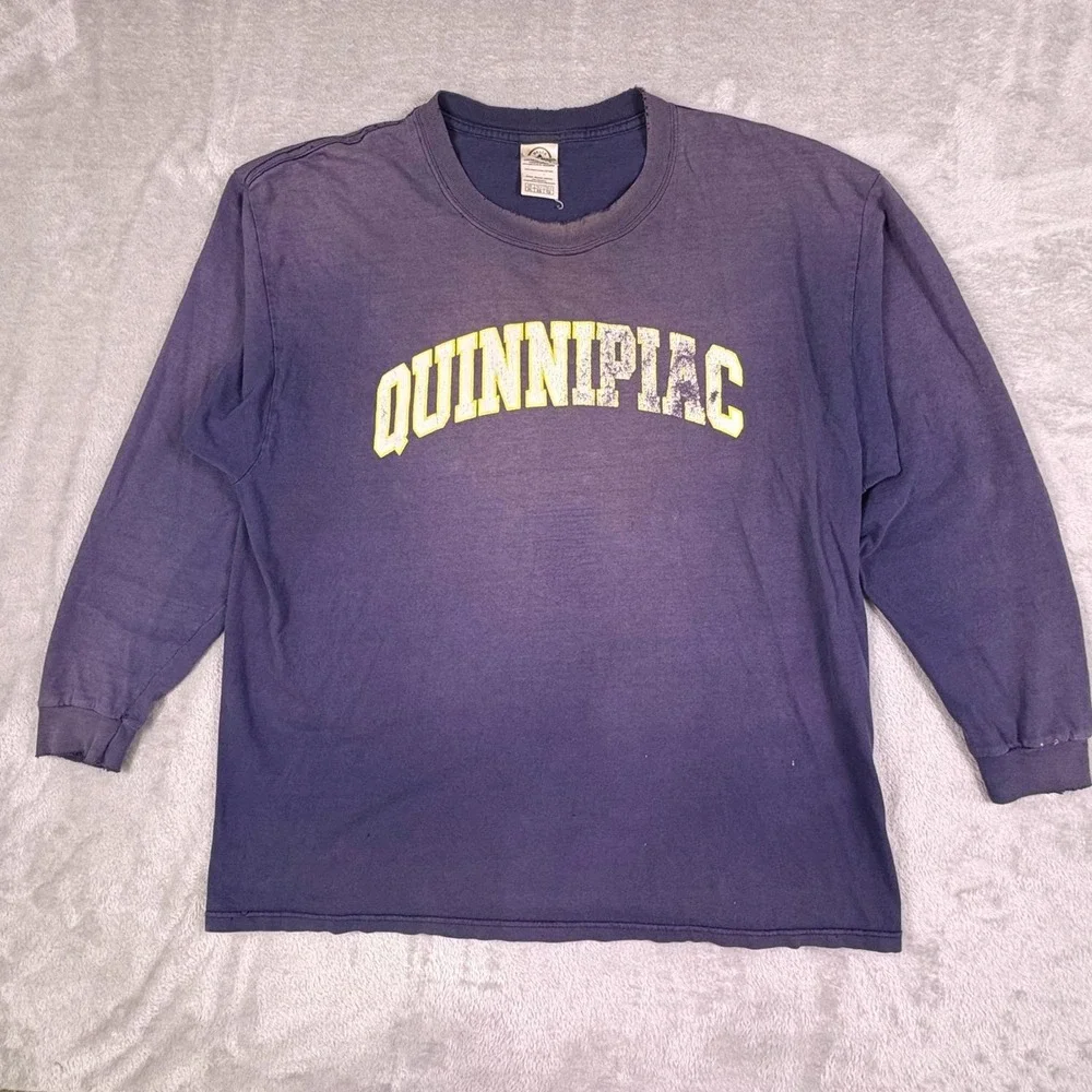 Y2K Vintage Quinnipiac‎ University Long Sleeve Tee XL Faded Distressed Blue